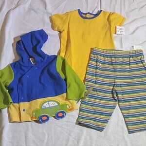 Little Me/3 Pc Outfit Set/Baby Boys/6 Months/Yellow Blue Green/Car Hooded Jacket